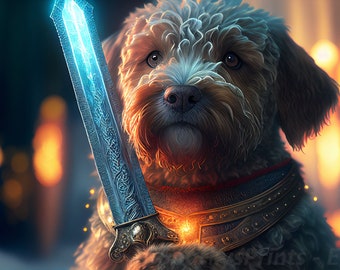 Wall Art, AI Art Print, Fantasy Dog Hero Print, home decor, fantasy, magical, terrier, magic sword, armored, fairytale, art, Art