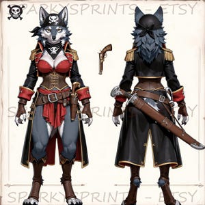 May include: A character design sheet featuring an anthropomorphic wolf pirate. The wolf wears a black pirate hat with a skull emblem, a red bodice, a brown corset, and a black coat with gold epaulets. A sword in a brown scabbard and a pistol are included.