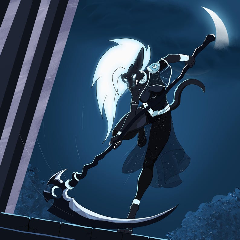 May include: A digital illustration of an anthropomorphic black feline character with glowing white hair and eyes, wearing a dark outfit with star patterns. The character holds a large, curved scythe with a crescent moon symbol under a night sky.