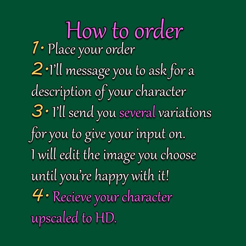 May include: A dark green informational graphic with pink and yellow text titled How to order. It lists four steps: 1. Place your order, 2. I'll message you to ask for a description of your character, 3. I'll send you several variations, 4. Recieve your character upscaled to HD.