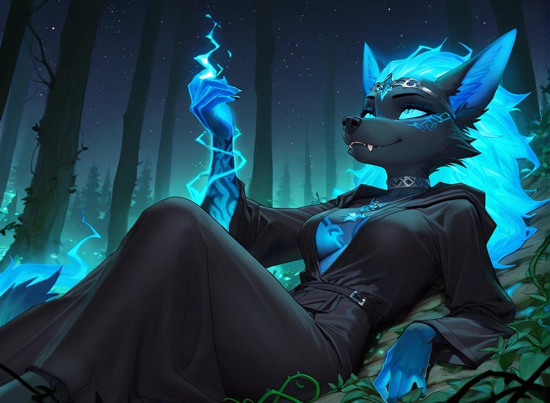 May include: An anthropomorphic wolf character with dark fur and glowing blue hair, wearing a black hooded robe and a silver choker. The character has blue markings on the face and arms, and is holding a small, glowing blue flame of energy.