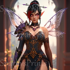 Puede incluir: Una ilustración de fantasía de una hada femenina con cabello oscuro, ojos rojos y alas moradas. Lleva un corsé negro y dorado, guantes de encaje negro y un collar de joyas.