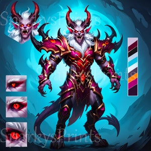 Puede incluir: Una ilustración digital de un demonio feroz de ojos rojos, pelaje blanco, cuernos negros y una armadura roja y morada. El demonio tiene una cola larga y negra y está de pie sobre un fondo azul y gris.