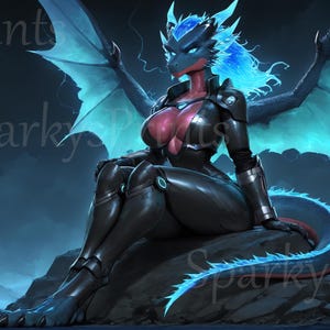 May include: A blue and black dragon with glowing blue wings and a long tail sits on a rock. The dragon is wearing a black and red suit of armor. A large sword is in the foreground.