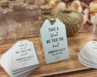 Take a Shot, We Tied the Knot Wedding Favours. Personalised Tags with 20ml Bottles