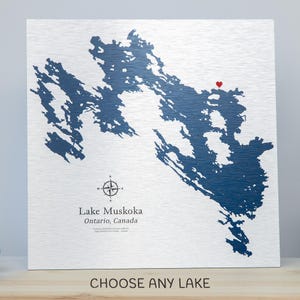 Impression métallique de carte de lac personnalisée, cadeau d'art de lac personnalisé pour lui, cadeau pour chalet, cadeau pour amoureux du lac, cadeau pour pêcheur