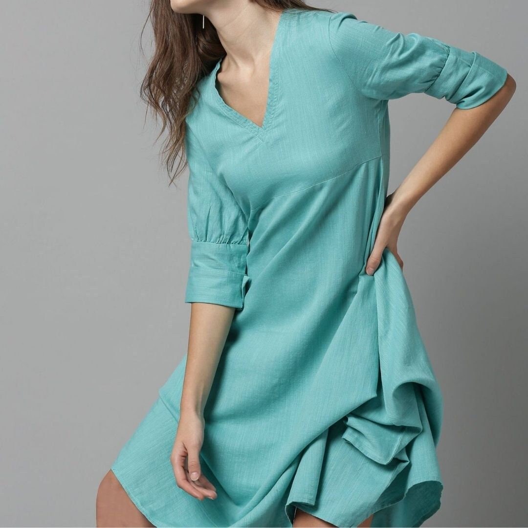 Casual Cotton Long Dress Turquoise ...