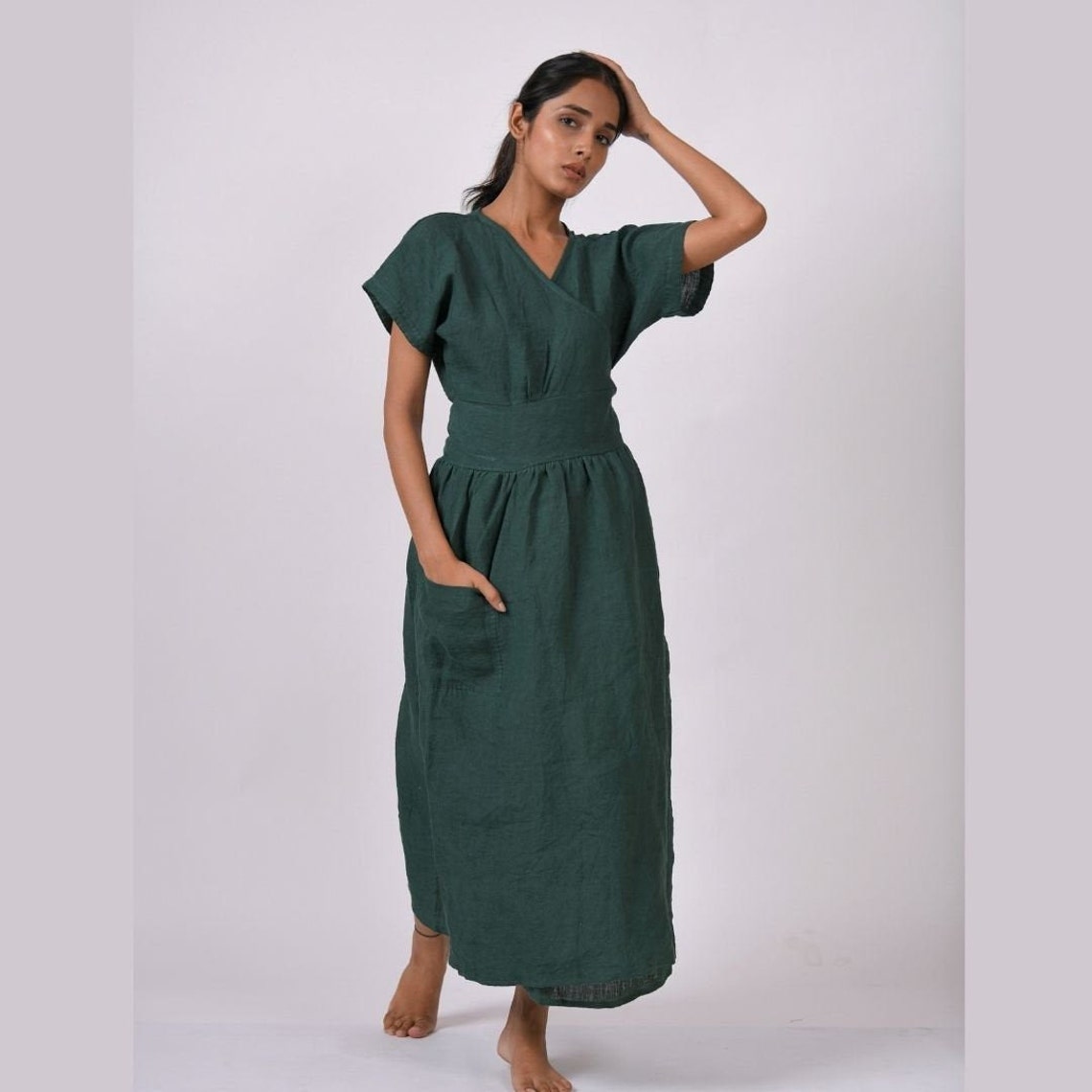 Casual Linen Dress Solid Green Dress Resort Dresssummer Etsy