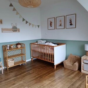 May include: A white and wood crib with a white and pink mattress, a wicker shelf with toys, a brown stuffed animal chair, and three framed animal prints on the wall. The room is decorated in a woodland theme with a green and white color scheme.