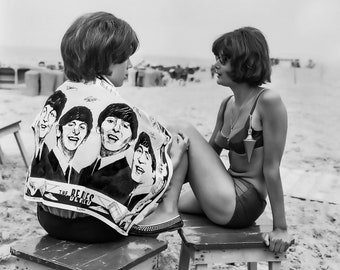 Vintage Beach Photo Print: Women with Beatles Towel, Coastal Wall Art (UNFRAMED)