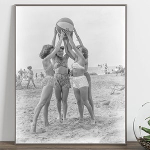 Females on the beach, 1900&#39;s, multiple size options, swimsuit fashion, black and white beach photo