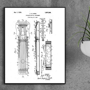 Guitar diagram, 1923, vertical format and multiple size options, black and white guitar diagram
