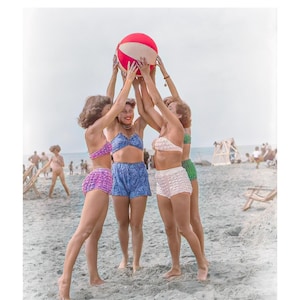 Females on the beach, 1900&#39;s, Two COLORIZED options (vibrant & pastel) , swimsuit fashion,  beach photo