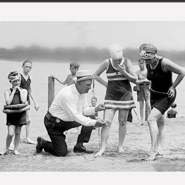 Vintage 1920's Beach photo, Measuring swimsuit length, multiple size options, horizontal format, black and white beach photo, vintage beach