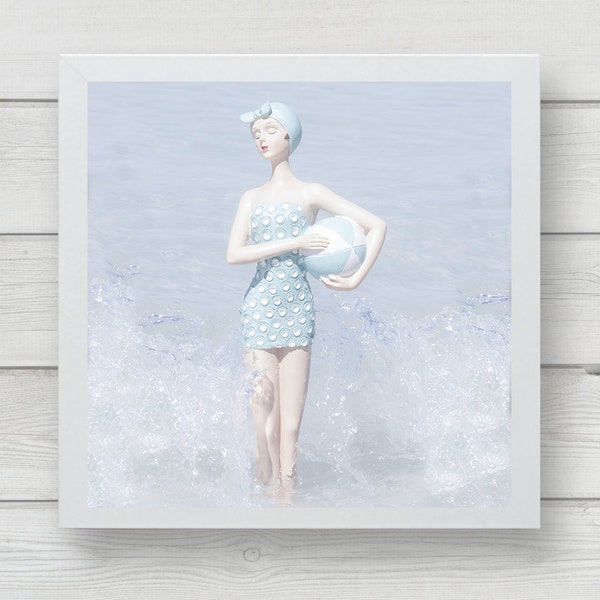 Coastal wall art, blue and white vintage bathing suit, DIGITAL DOWNLOAD, square and vertical formats