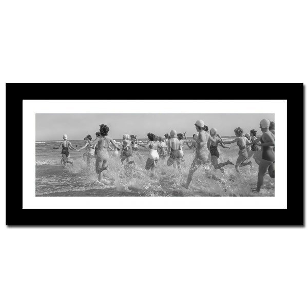 Women running into Ocean, UNFRAMED, multiple size options available, black and white art, beach print, ships to the United States