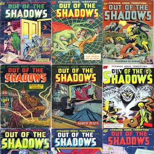 Könnte beinhalten: Eine Sammlung von neun Vintage-Comics mit dem Titel "Out of the Shadows". Die Cover zeigen verschiedene gruselige und unheimliche Illustrationen, darunter Skelette, Monster und Ghule. Die Comics sind in gutem Zustand und haben einen Retro-Look.