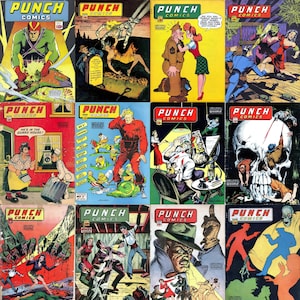Puede incluir: Un collage de 10 portadas de cómics vintage con ilustraciones coloridas de superhéroes, monstruos y otros personajes. Las portadas son todas de la misma serie, "Punch Comics", y presentan el mismo logotipo y diseño. Las portadas están en buen estado y muestran signos de la edad.
