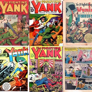 Può includere: Una collezione di sei fumetti vintage con il supereroe 'The Fighting Yank'. Le copertine mostrano scene d'azione con soldati, un supereroe in costume rosso, bianco e blu e una bandiera giapponese. I fumetti sono intitolati 'The Fighting Yank' e hanno il motto 'America's Bravest Defender'.