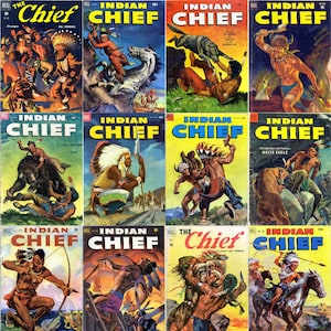 May include: A collection of 12 vintage comic book covers featuring Native American themes. The covers are colourful and depict scenes of action and adventure. The titles include "The Chief" and "Indian Chief".