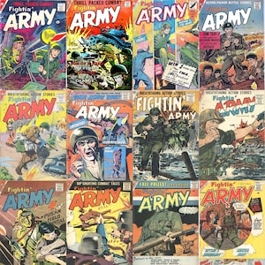 May include: A collection of vintage comic books featuring a military theme. The covers feature soldiers, tanks, and other military imagery. The comic books are titled "Fightin' Army" and are in various shades of red, blue, green, and yellow.