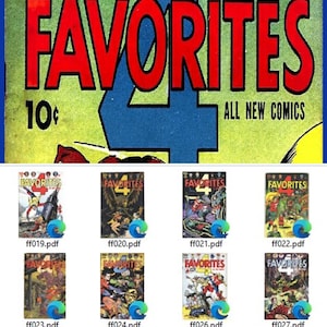 May include: A collection of vintage comic book covers titled Four Favorites, featuring various illustrated action scenes, character portraits, and bold red typography. Each cover displays the issue number, price, and publisher branding in a grid layout.
