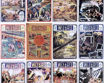 1920s The WIZARD Comics - 12 digital issues - UK vintage story paper for boys, adventure, sports, schooldays, crime, jokes. PDF format.