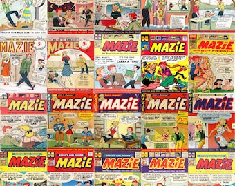 May include: A collage of 25 comic book covers featuring a young girl named Mazie. The covers are in various colors and feature different illustrations of Mazie in various situations. The text on the covers includes the title "Mazie" and the phrase "Stevie's Girl Friend".