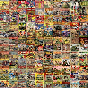 Puede incluir: Un collage de portadas de cómics vintage con una variedad de personajes e historias. Las portadas son de colores brillantes y presentan letras en negrita e ilustraciones. Algunos de los títulos incluyen "Blazing", "Danger", "Jungle", "Silver", "Pirates", "Sheena", "T-Man" y "Treasure".