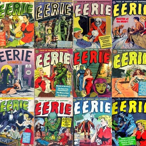Op de afbeelding: Een verzameling vintage stripboeken met de titel "Eerie" met verschillende covers die monsters, skeletten en andere griezelige beelden tonen. De covers zijn in verschillende tinten rood, blauw, groen en geel.