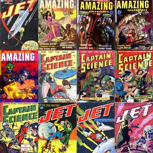 Peut inclure: Une collection de couvertures de bandes dessinées vintage avec des thèmes de science-fiction et d'aventure. Les titres incluent "Jet", "Amazing Adventures" et "Captain Science". Les couvertures présentent des illustrations colorées de voyages spatiaux, de monstres et de personnages héroïques.