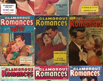 May include: A collection of vintage "Glamorous Romances" comic book covers. The covers feature illustrations of couples in romantic settings, with bold text and vibrant colors. Titles include "The Bridegroom's Other Love" and "Honeymoon Deferred."