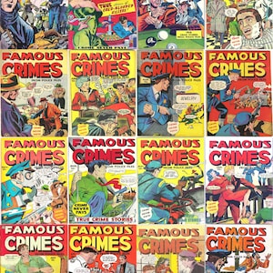 Puede incluir: Un collage de 16 portadas de cómics vintage con el título "Famous Crimes" con ilustraciones de escenas del crimen y criminales. Las portadas son de varios colores, incluyendo rojo, amarillo, azul y verde. El texto en las portadas incluye "True Crime Stories" y "From Police Files".