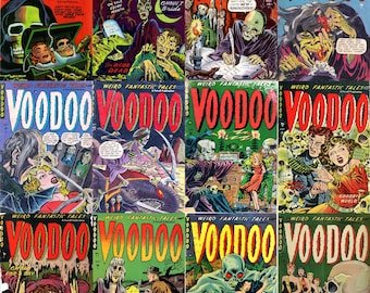 Könnte beinhalten: Eine Sammlung von Vintage-Comics "Voodoo". Die Cover zeigen lebendige Illustrationen von Skeletten, Zombies und anderen Horrorthemen. Der Titel "Voodoo" steht in großen, fetten Buchstaben, mit den Worten "Weird Fantastic Tales" darüber.