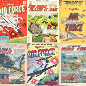 Può includere: Una collezione di sei fumetti vintage con aerei da combattimento e piloti in azione. Le copertine sono colorate in modo vivace con tonalità di rosso, giallo, blu e verde. I fumetti sono intitolati "Fightin' Air Force" e presentano immagini di aerei in volo, esplosioni e piloti in combattimento.