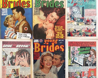 May include: A collage of six vintage comic book covers featuring romantic themes. The covers feature couples in various settings, including a wedding, a bedroom, and a kitchen. The covers are all in color and have a retro style.