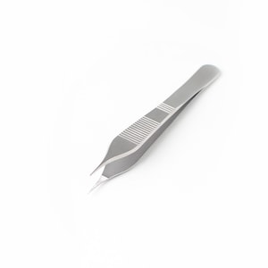 May include: A pair of silver surgical tweezers with a serrated grip.