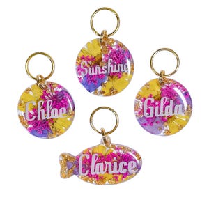 Puede incluir: Cuatro placas de resina para mascotas con anillas de metal dorado. Tres son circulares y una tiene forma de pez. Cada una contiene flores secas amarillas y moradas con copos de oro. Los nombres Chloe, Sunshine, Gilda y Clarice est&aacute;n impresos en blanco.