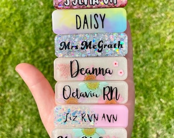 Personalised Floral Resin Name Badge | Custom Glitter Nurse Teacher Work Badge