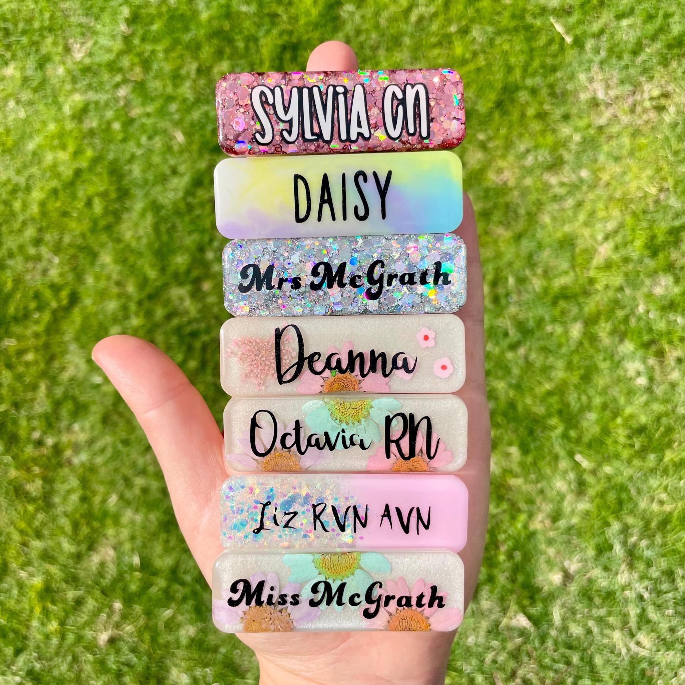 Personalised Floral Resin Name Badge Custom Glitter Nurse Teacher Work Badge