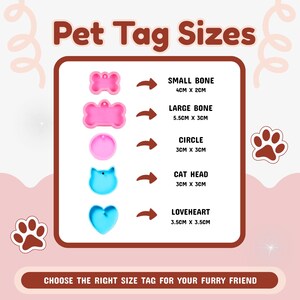 Puede incluir: Gr&aacute;fico que muestra los tama&ntilde;os de las etiquetas para mascotas con formas como un hueso, un c&iacute;rculo, una cabeza de gato y un coraz&oacute;n. Las dimensiones se indican en cent&iacute;metros. El texto dice "Pet Tag Sizes" y "Elige la etiqueta del tama&ntilde;o adecuado para tu amigo peludo."
