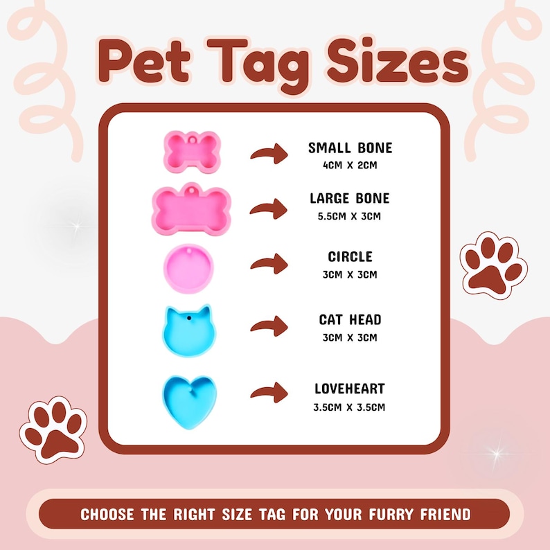 Puede incluir: Gr&aacute;fico que muestra los tama&ntilde;os de las etiquetas para mascotas con formas como un hueso, un c&iacute;rculo, una cabeza de gato y un coraz&oacute;n. Las dimensiones se indican en cent&iacute;metros. El texto dice "Pet Tag Sizes" y "Elige la etiqueta del tama&ntilde;o adecuado para tu amigo peludo."