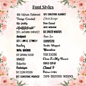 Puede incluir: Imagen que muestra varios estilos de fuente, incluyendo "Bfc Fashion Statement", "Vintage Curveball" y "Elicit Script". El texto negro se muestra sobre un fondo claro, con detalles florales.