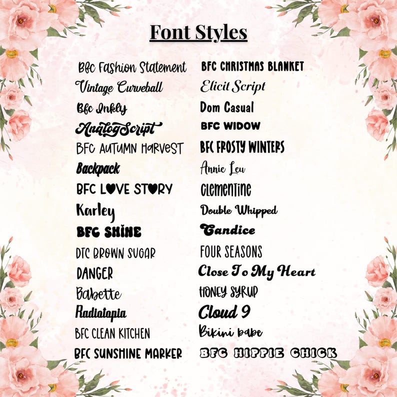 Puede incluir: Imagen que muestra varios estilos de fuente, incluyendo "Bfc Fashion Statement", "Vintage Curveball" y "Elicit Script". El texto negro se muestra sobre un fondo claro, con detalles florales.