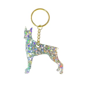 Doberman Resin Keychain, Handmade Doberman Dog Keyring with Glitter & Pressed Flowers, Pet Lover Gift, Doberman Owner Accessory