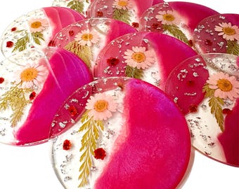 Pink Flower Coasters, Resin Coaster Set Floral Coasters, Round Botanical Coasters