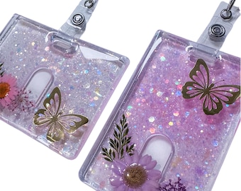 Resin Butterfly Card Holder with Dried Flowers, Glitter ID Badge Reel