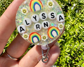 Personalised Resin Badge Reel, Custom Name Badge Holder For Nurses & Teachers, Glitter Retractable ID Clip, Gift For Her