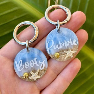 Custom Resin Dog Tag - Ocean-Inspired Pet Tag With Beach Design - Personalised Name & Number