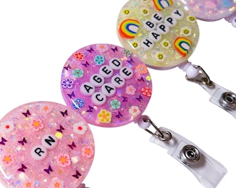 Personalised Resin Badge Reel, Custom Name Badge Holder For Nurses & Teachers, Glitter Retractable ID Clip, Gift For Her